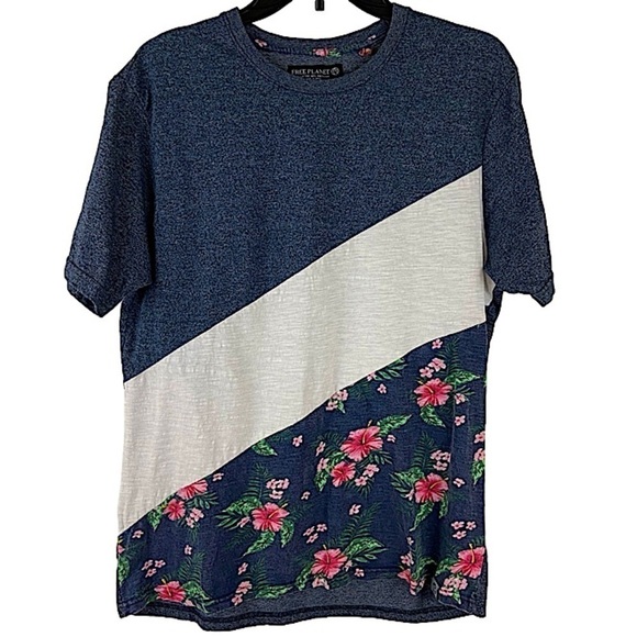 Free Planet Mixed Media Patchwork Navy White and Floral Tee Woman’s - Picture 1 of 13